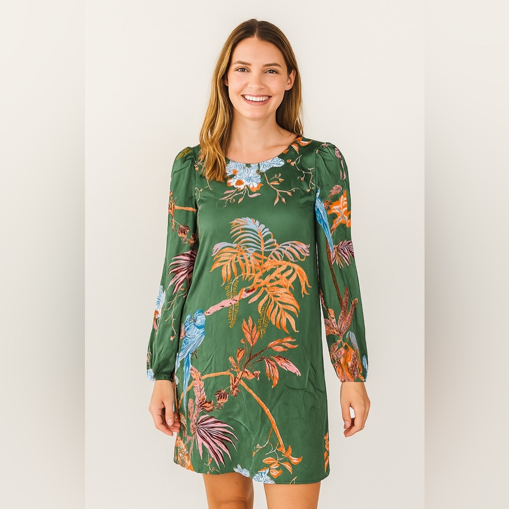 Caballero Green Tropical Print Long Sleeve Mini Dress
